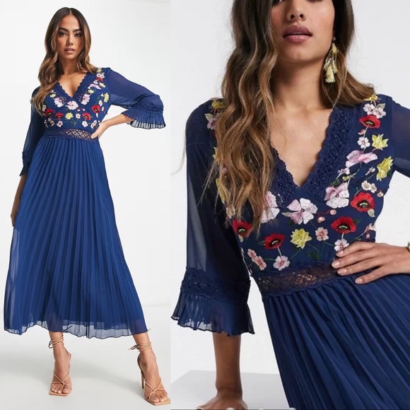 ASOS DESIGN Floral Embroidered Lace Pleated Midi Dress - Navy | Size 4 - Picture 1 of 11